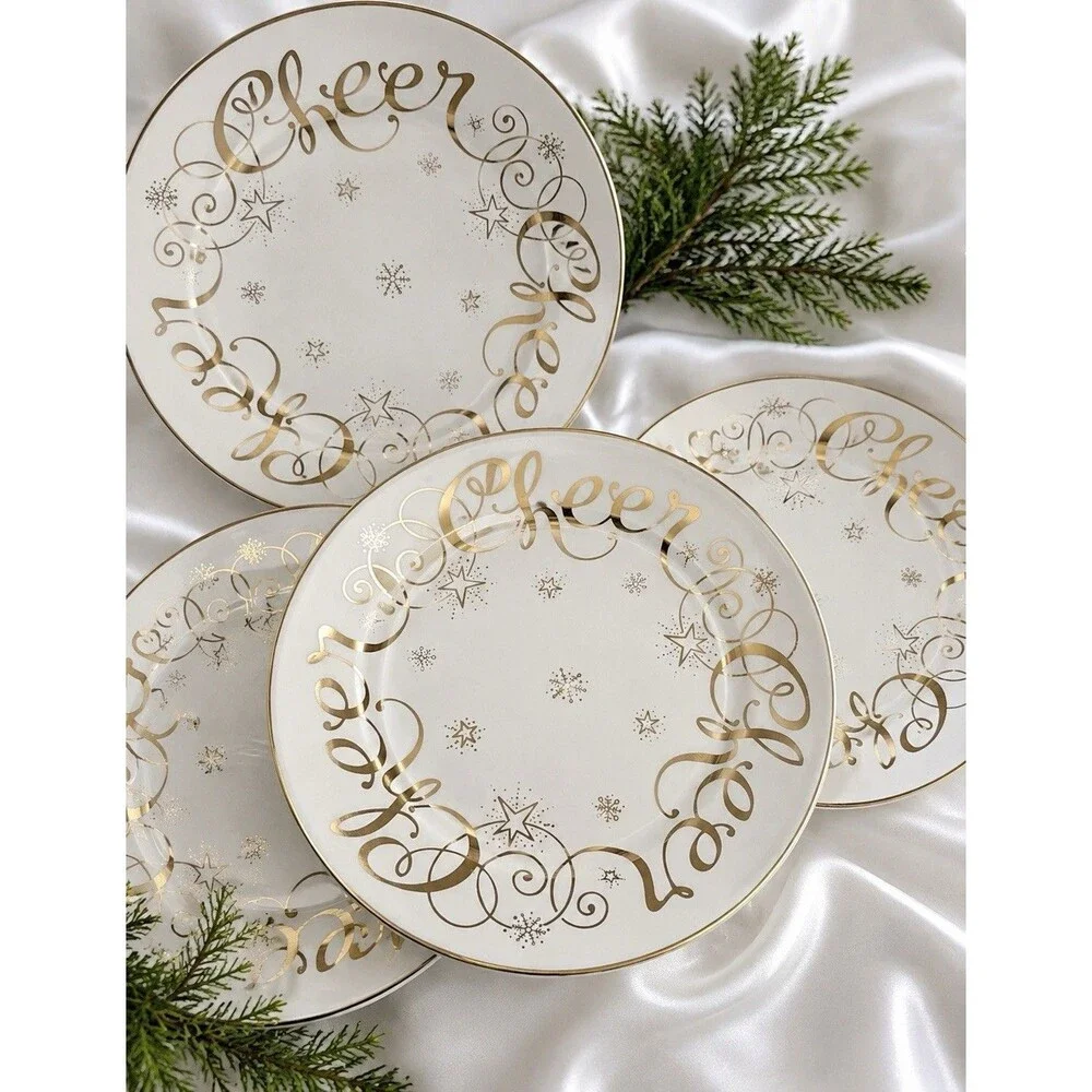 New Hausenware Lyn Dillin Cheer 8” Gold Christmas Plates Set of 4 Original Box